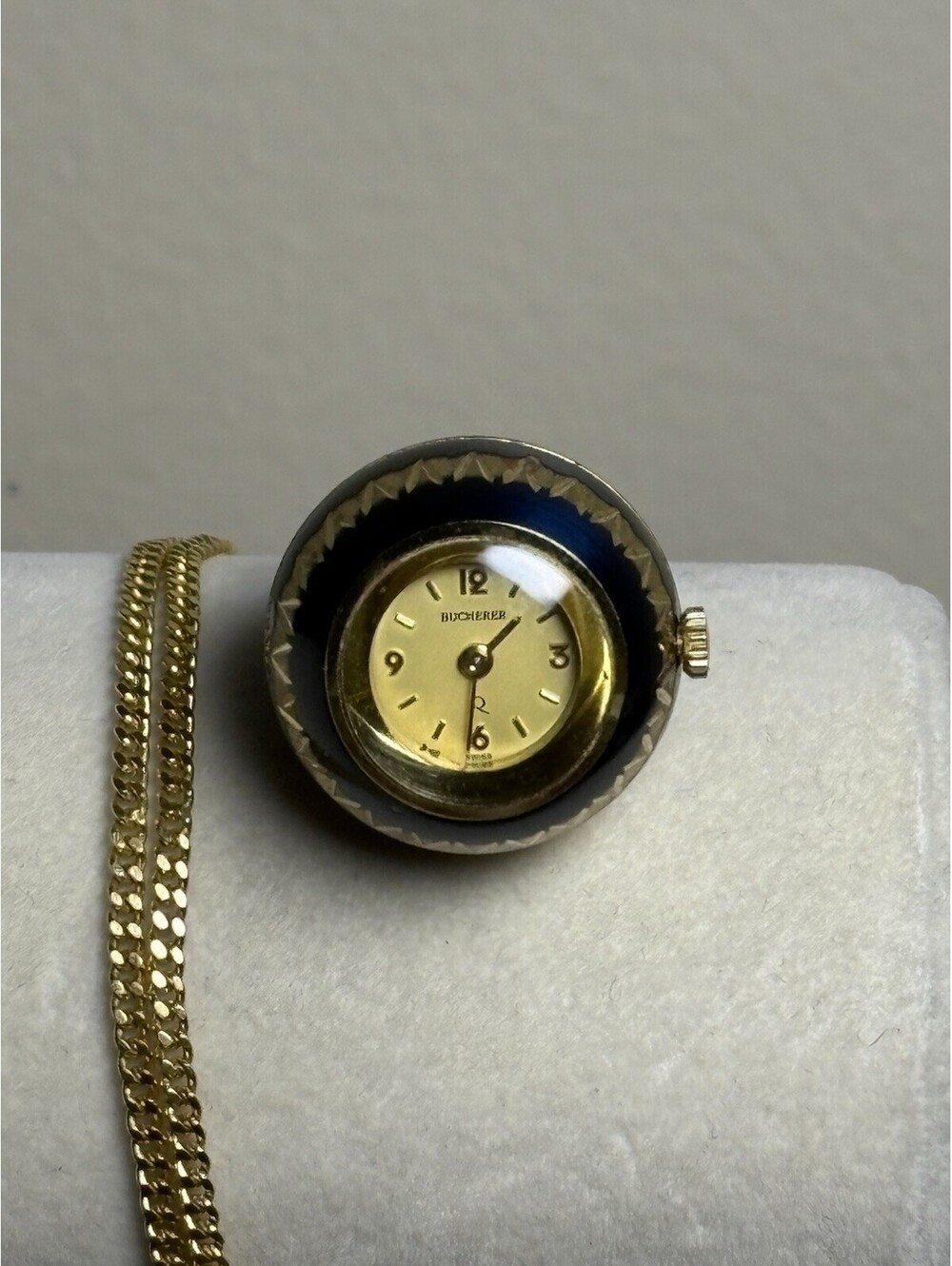 Vtg Bucherer Swiss Blue Enamel Orb Ball Pendant Watch Gold Tone Dial Running